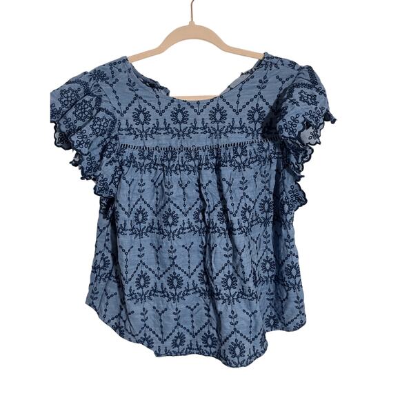 Crown & Ivy Boho Chambray Embroidered Blue Floral Baby Doll Western Lace Top L - Picture 2 of 7